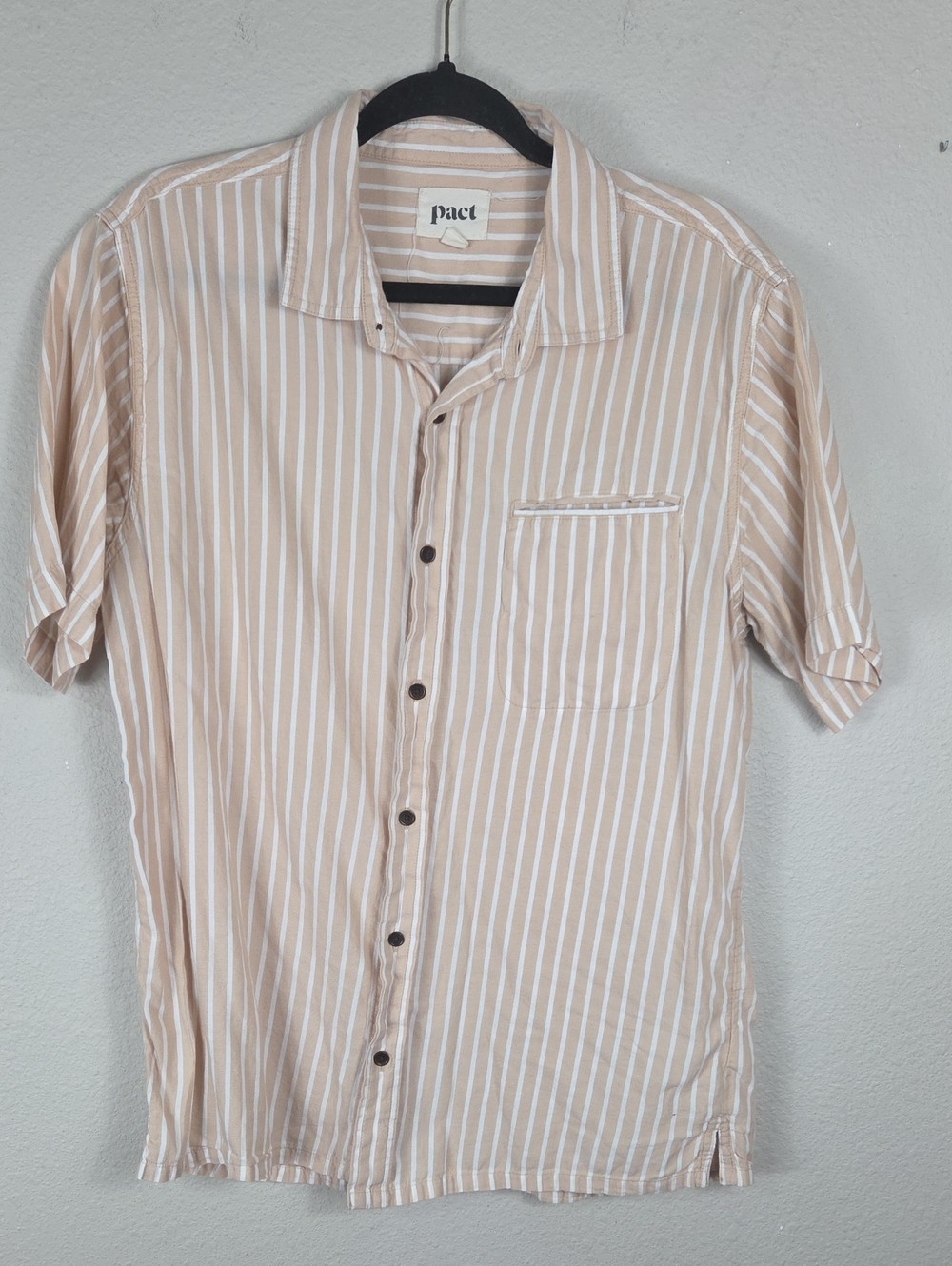 Pact Button Front Shirt Mens L Beige Striped Fair Organic Cotton Short Sleeve